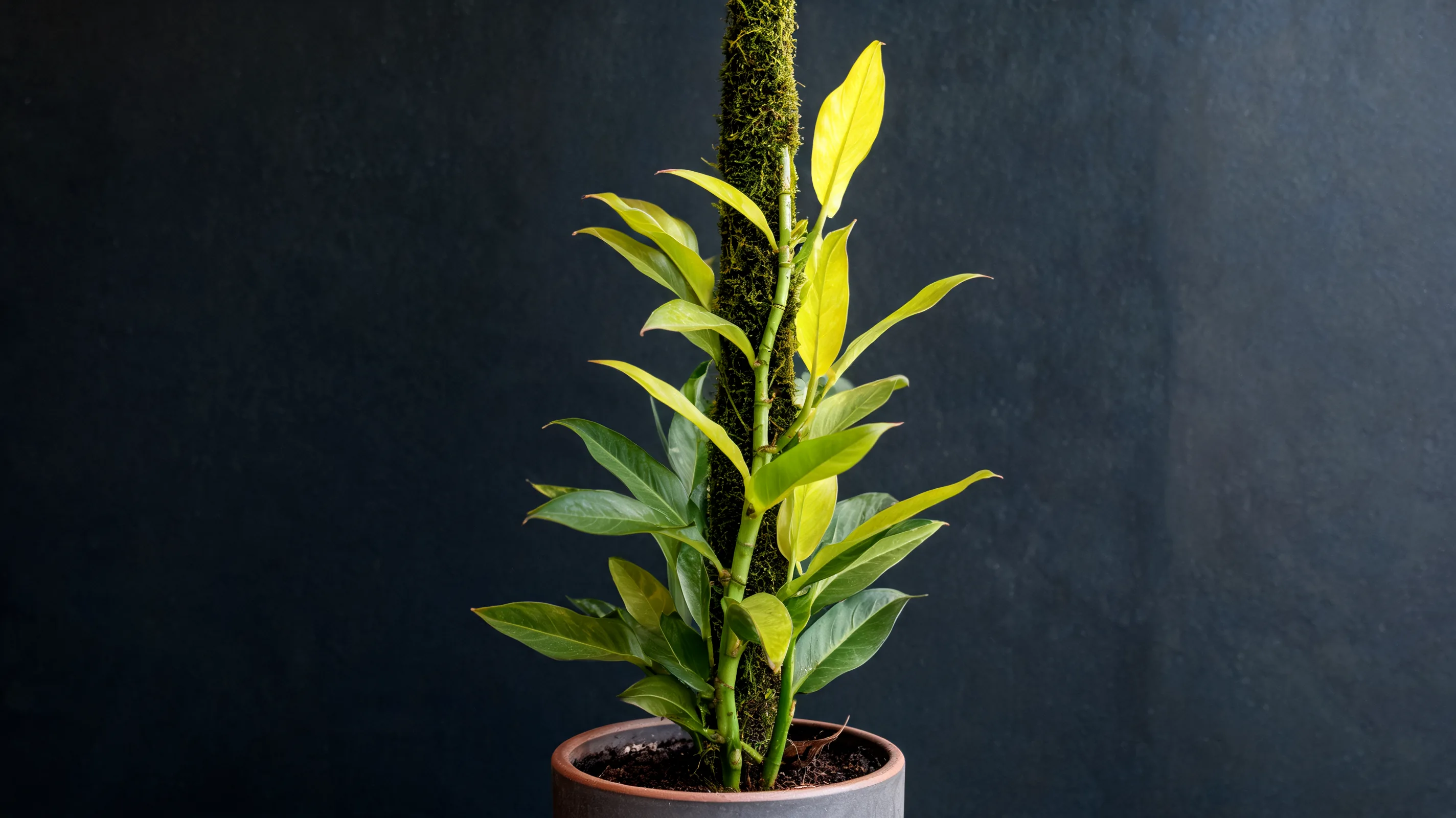 golden goddess philodendron with long chartreuse leaves climbing a slim support in soft light