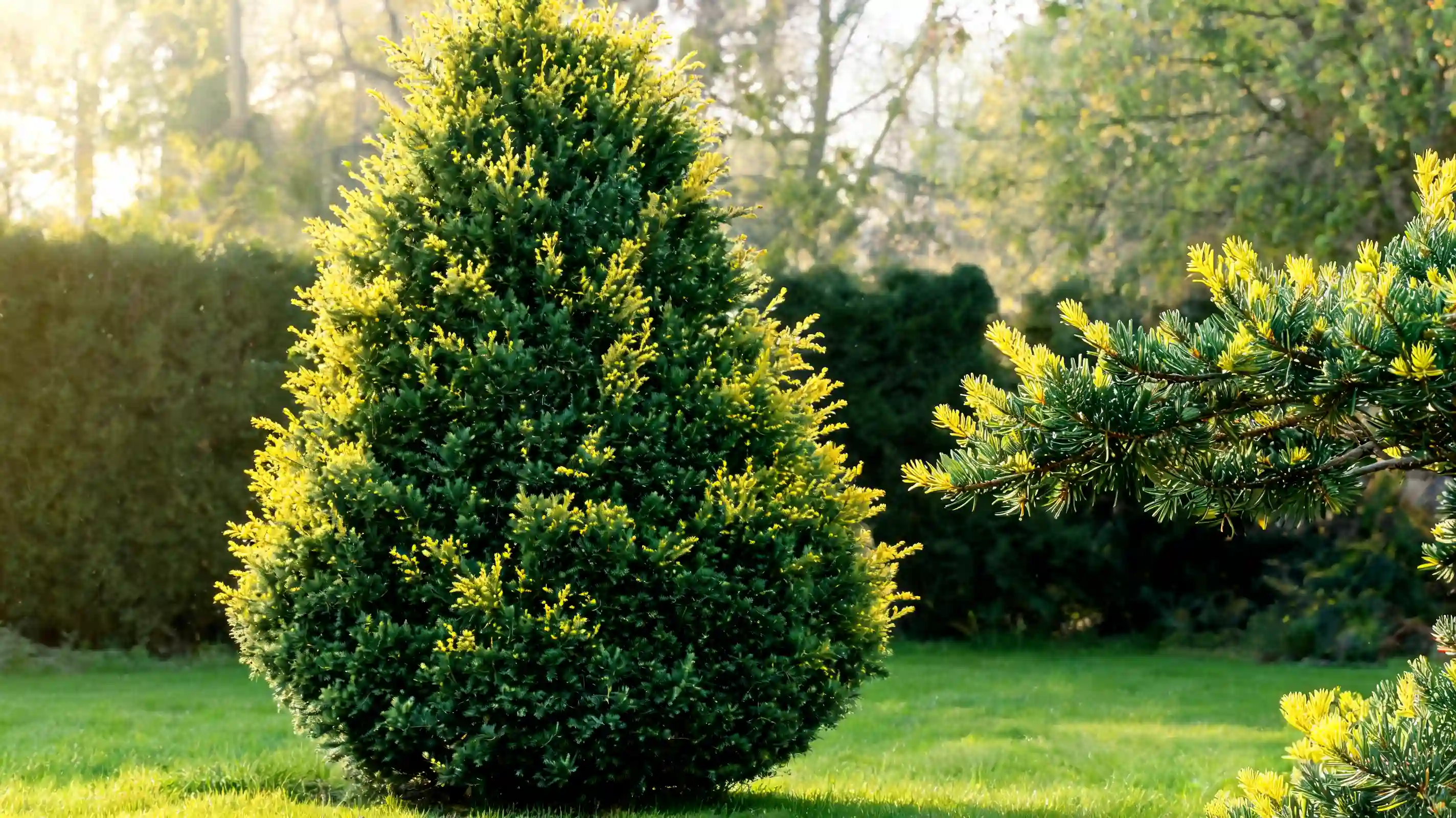 golden oriental spruce with yellow spring tips and dark green inner foliage in a sheltered garden