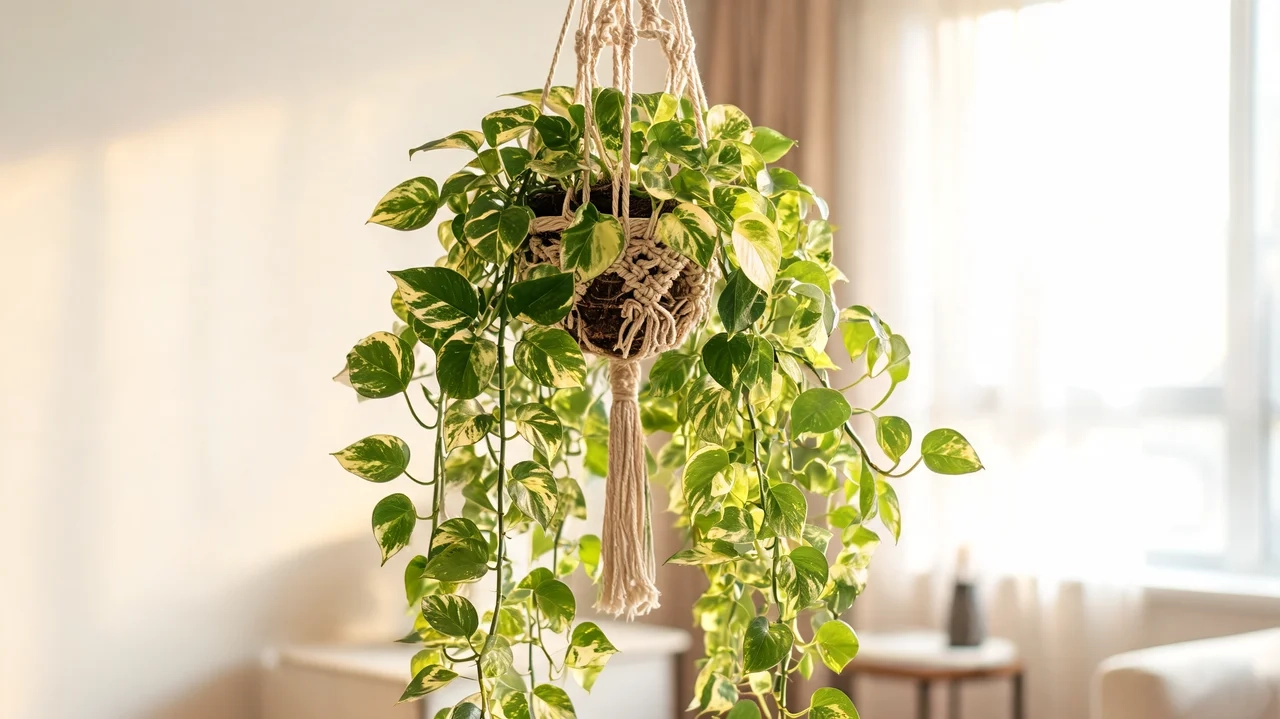 golden pothos trailing vine with heart-shaped variegated leaves in a hanging macrame basket indoors