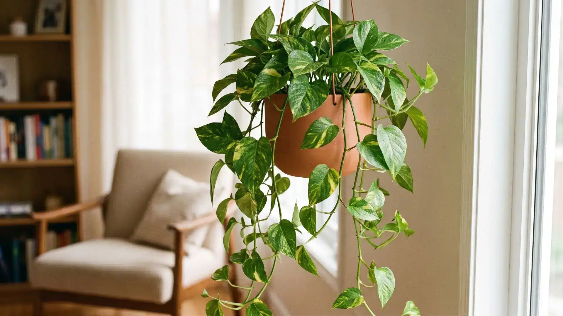 golden pothos with trailing heart shaped leaves in a terracotta pot beside a bright indoor window