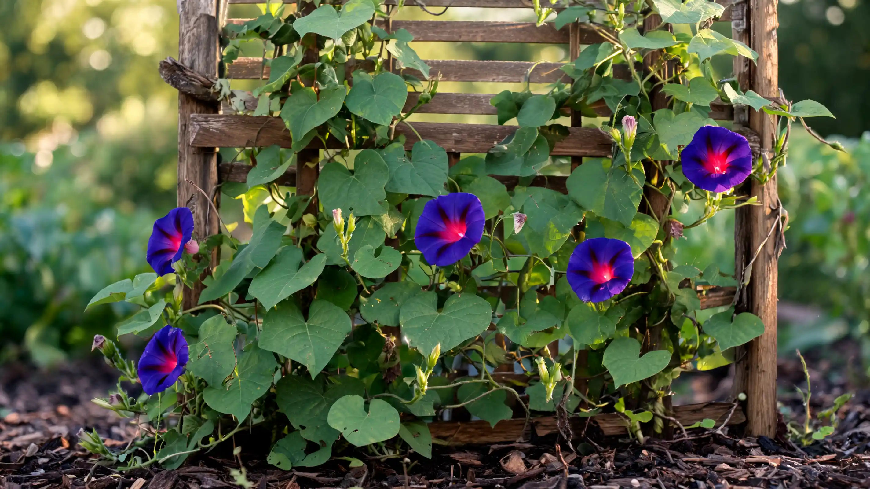 grandpa ott morning glory with deep purple flowers and red centers climbing through green garden leaves