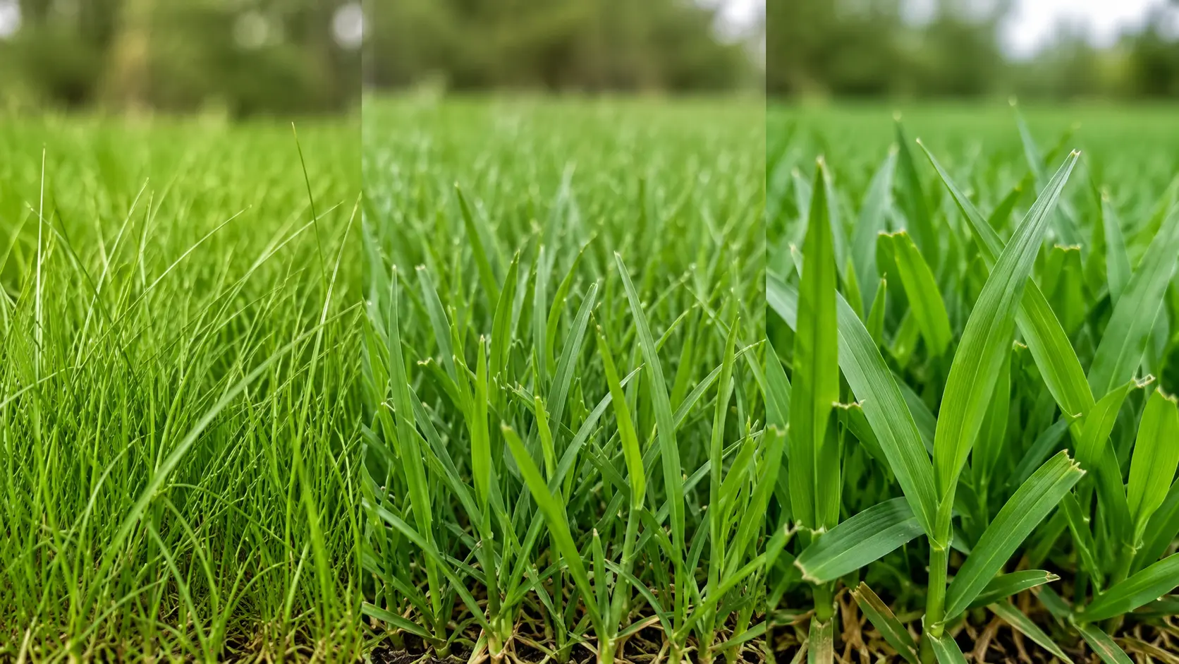 close up comparison of fine medium and coarse textured green grass blades growing side by side