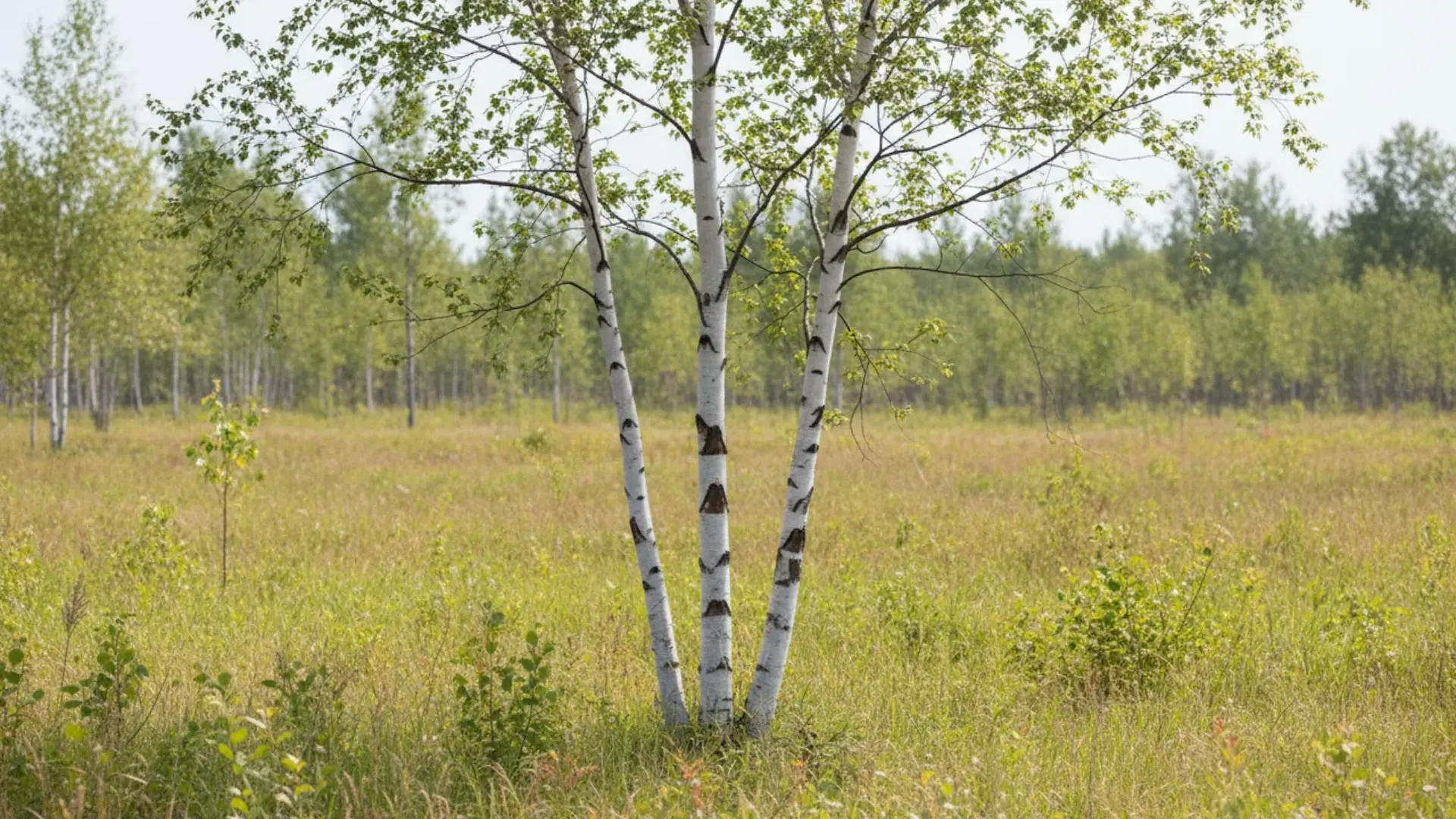 slender gray birch with pale bark and dark markings grows in an open grassy field beneath a clear sky