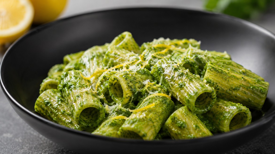 winter vegetables green broccoli pasta with lemon zest grated cheese and soft modern background