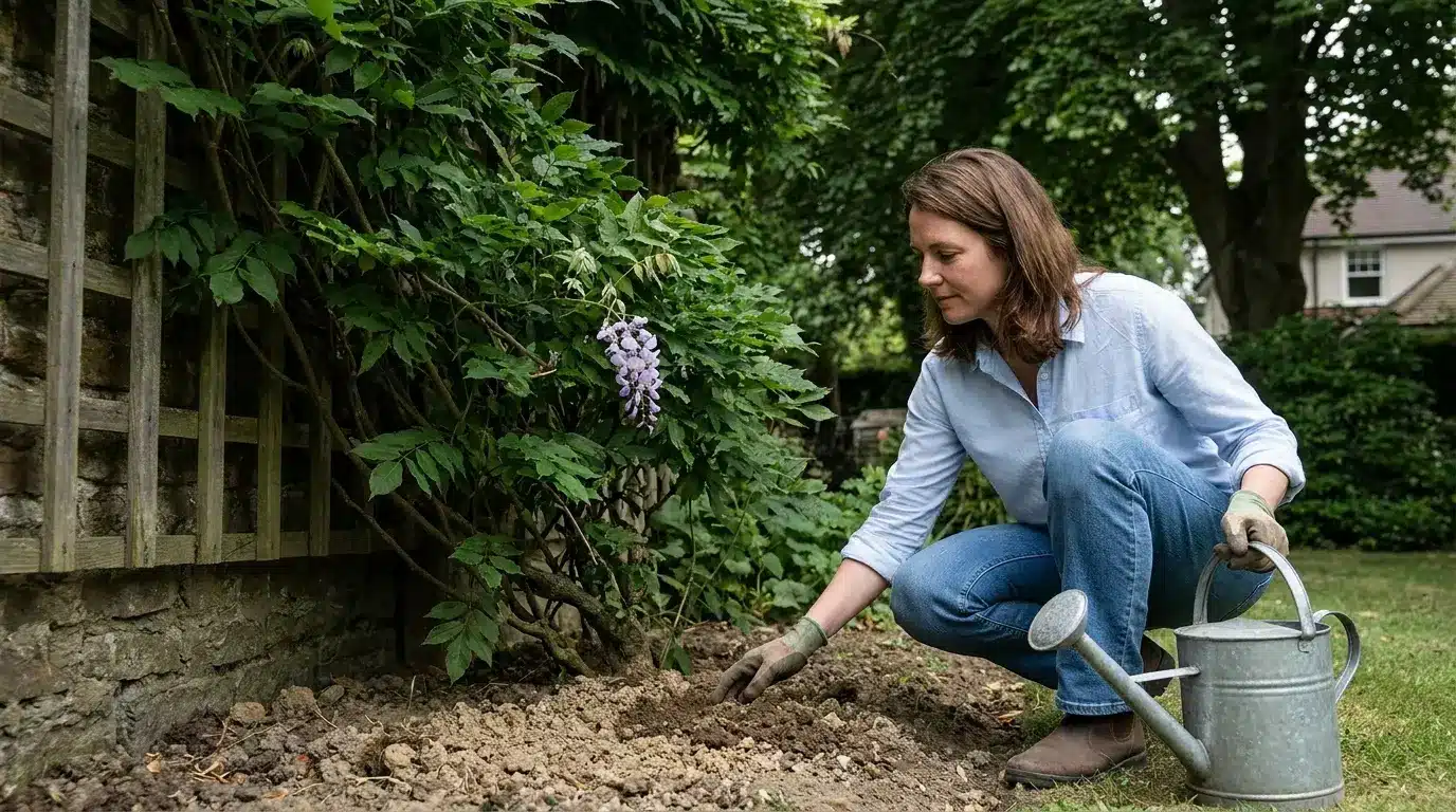 woman tending leafy wisteria beside a fence with loose soil and a metal watering can nearby