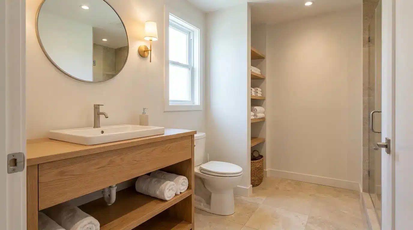 guest bathroom with simple vanity toilet visible towels and clean easy access layout