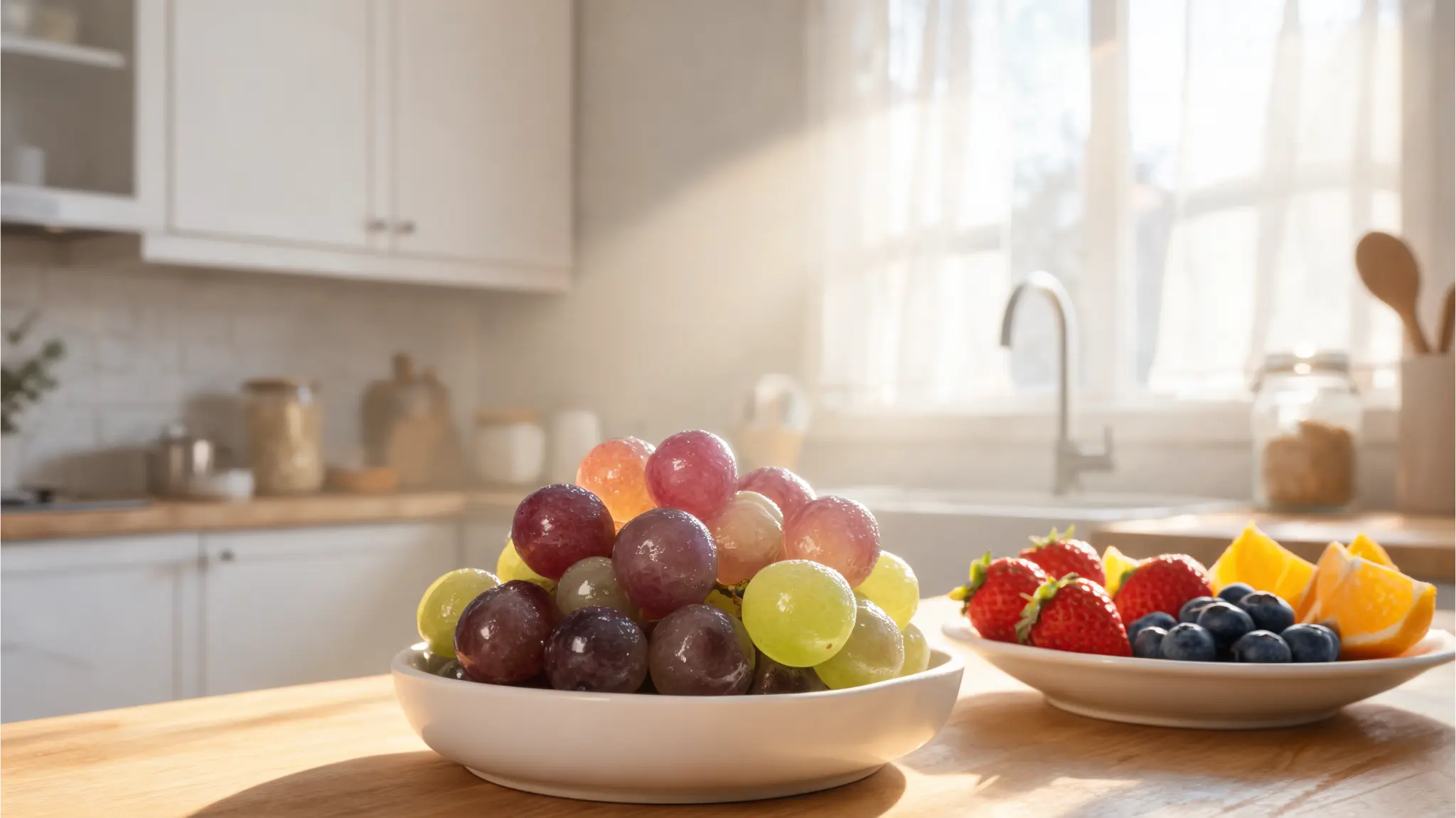 gum drop grapes in a snack bowl with fresh fruit on a kitchen table