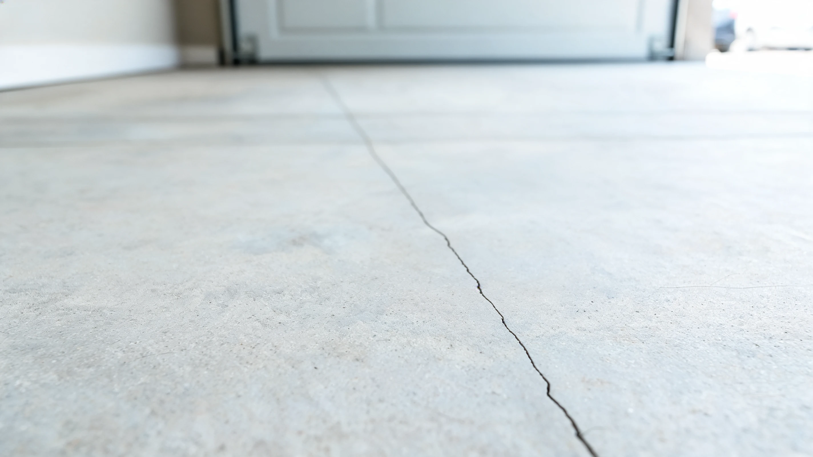 thin straight hairline crack on a level concrete garage floor shown in a close angled view