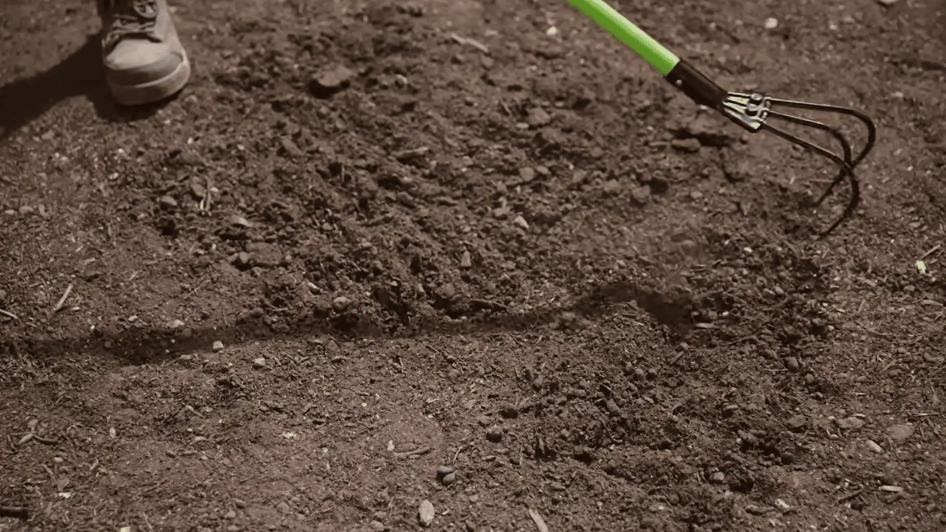 hand cultivator loosening and leveling soil to prepare the ground for planting grass seed