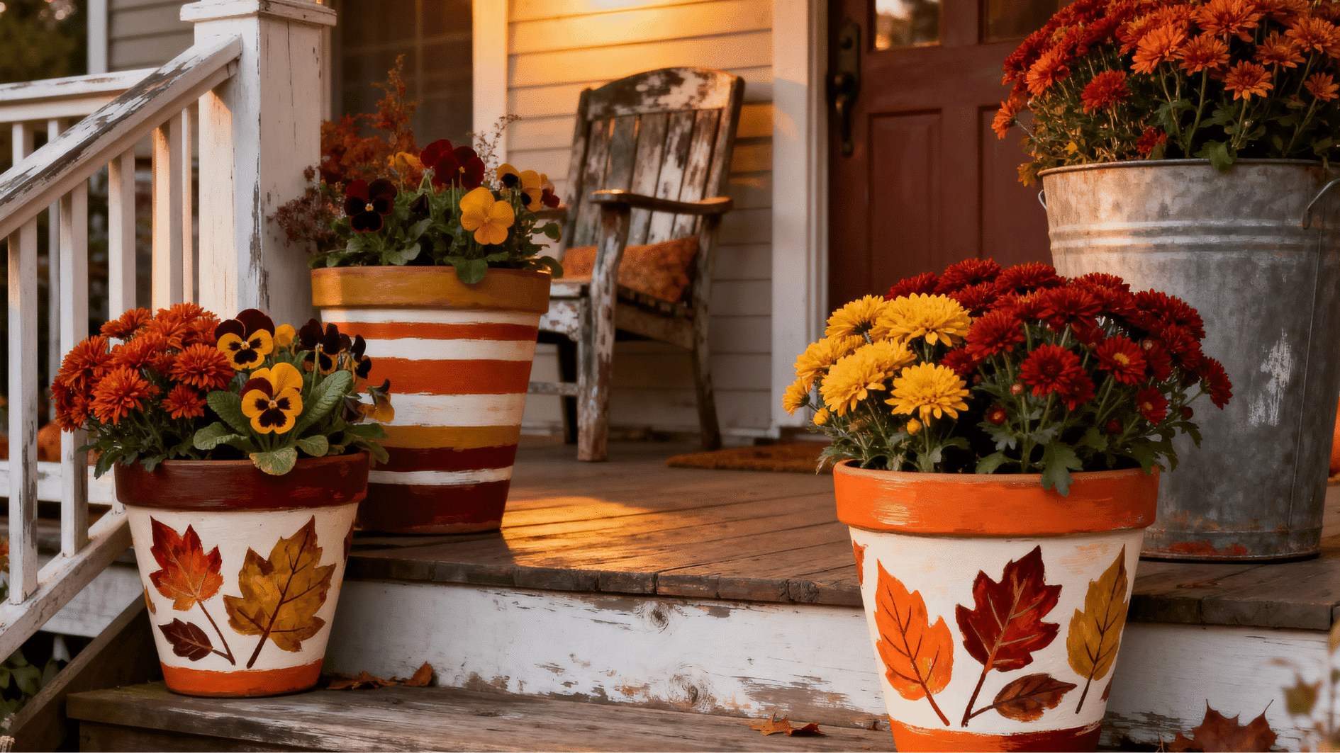 hand-painted autumn flower pots filled with colorful mums and pansies decorating rustic wooden porch steps.