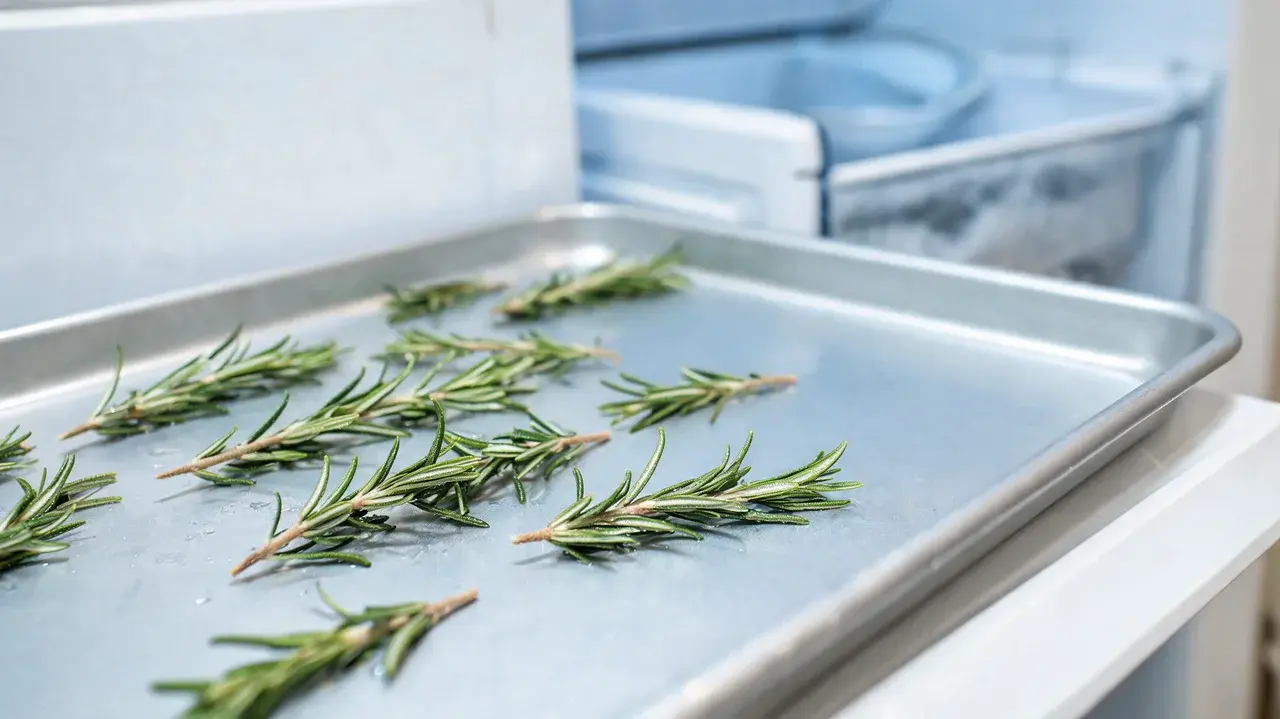 hands arrange fresh rosemary sprigs in neat rows on a tray beside an open freezer storage bag