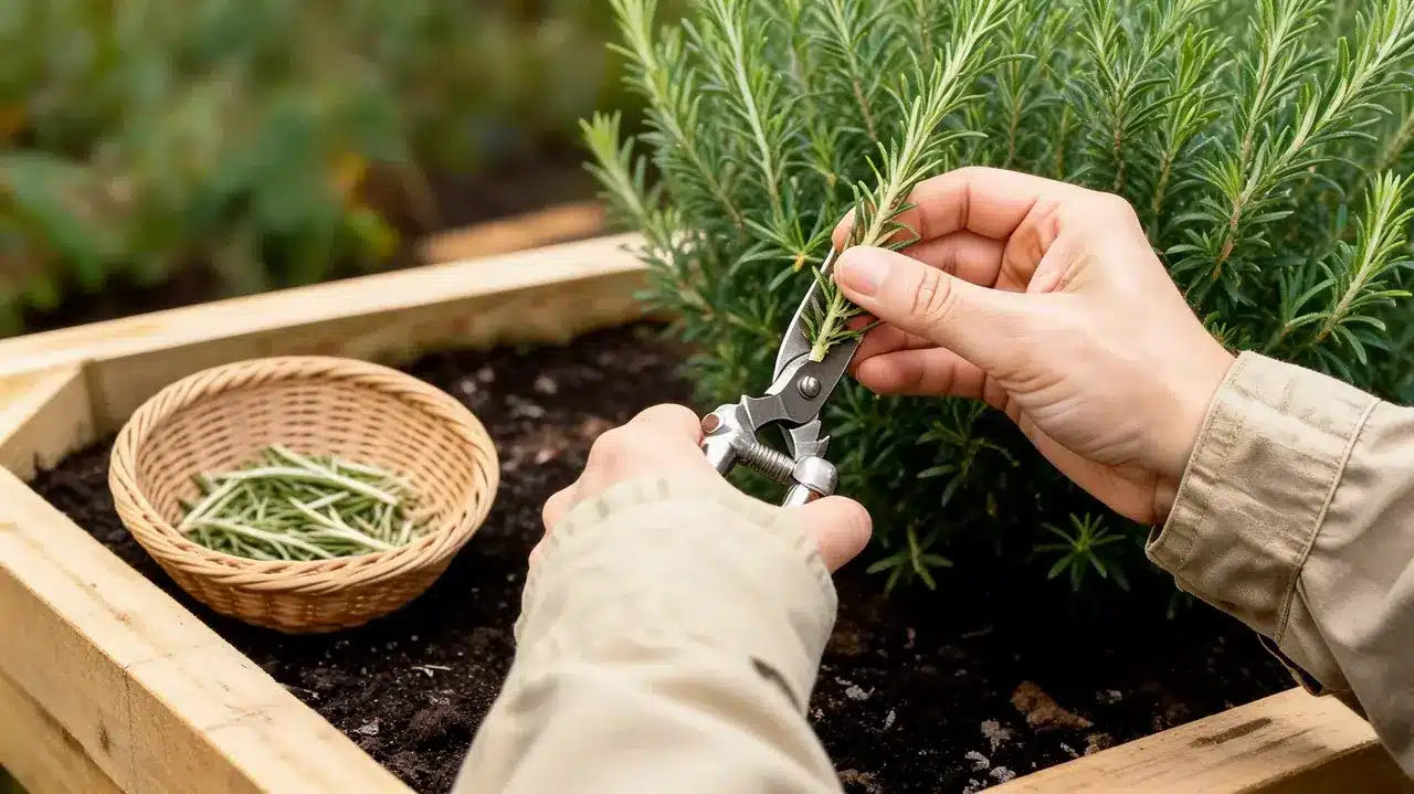hands clip rosemary stems from several sides of a full plant beside a woven harvesting basket