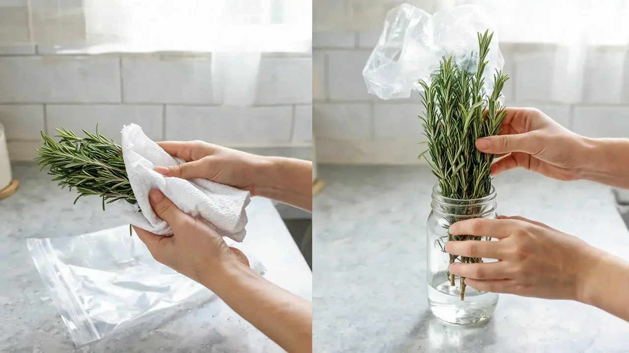 hands pat rosemary dry with a towel or placing the fresh stems upright in a glass jar of water