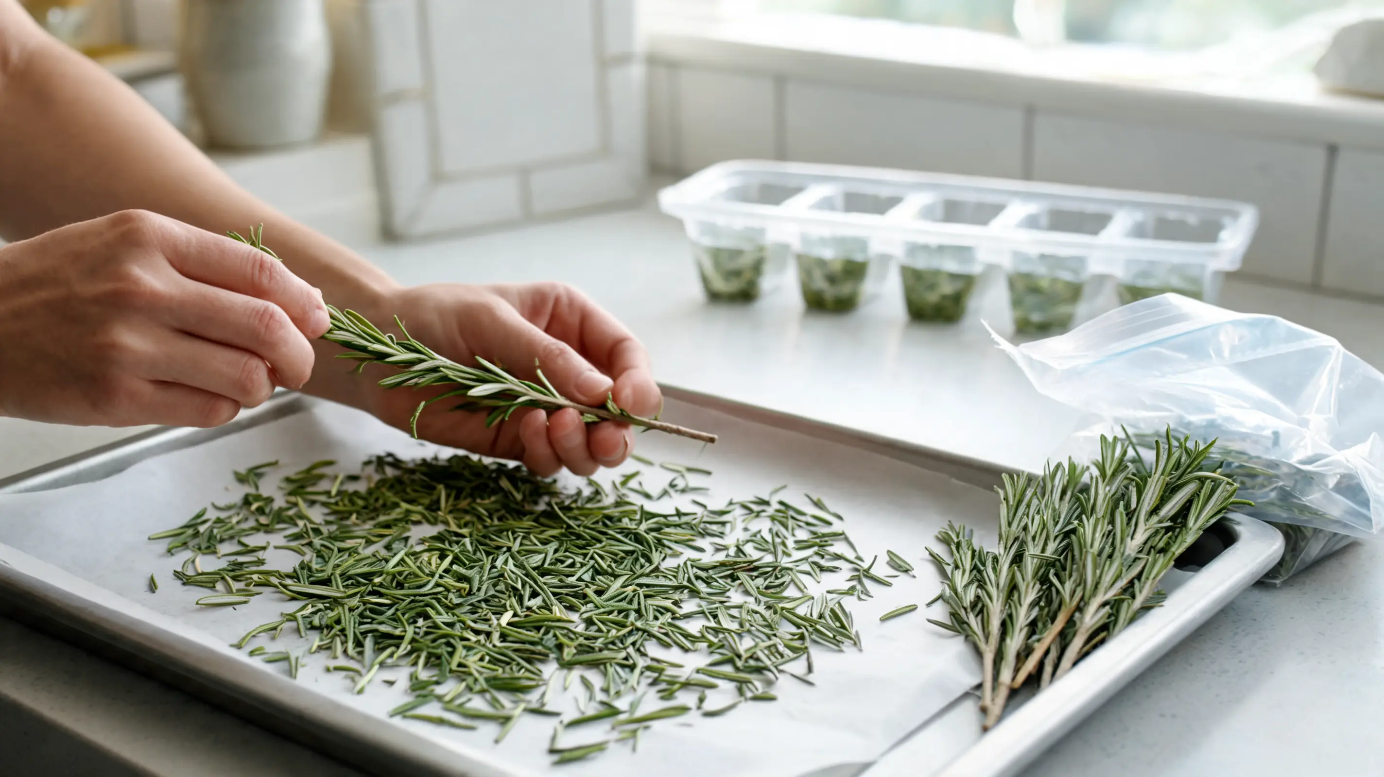 hands strip rosemary leaves onto a tray beside clear containers prepared for dried herb storage