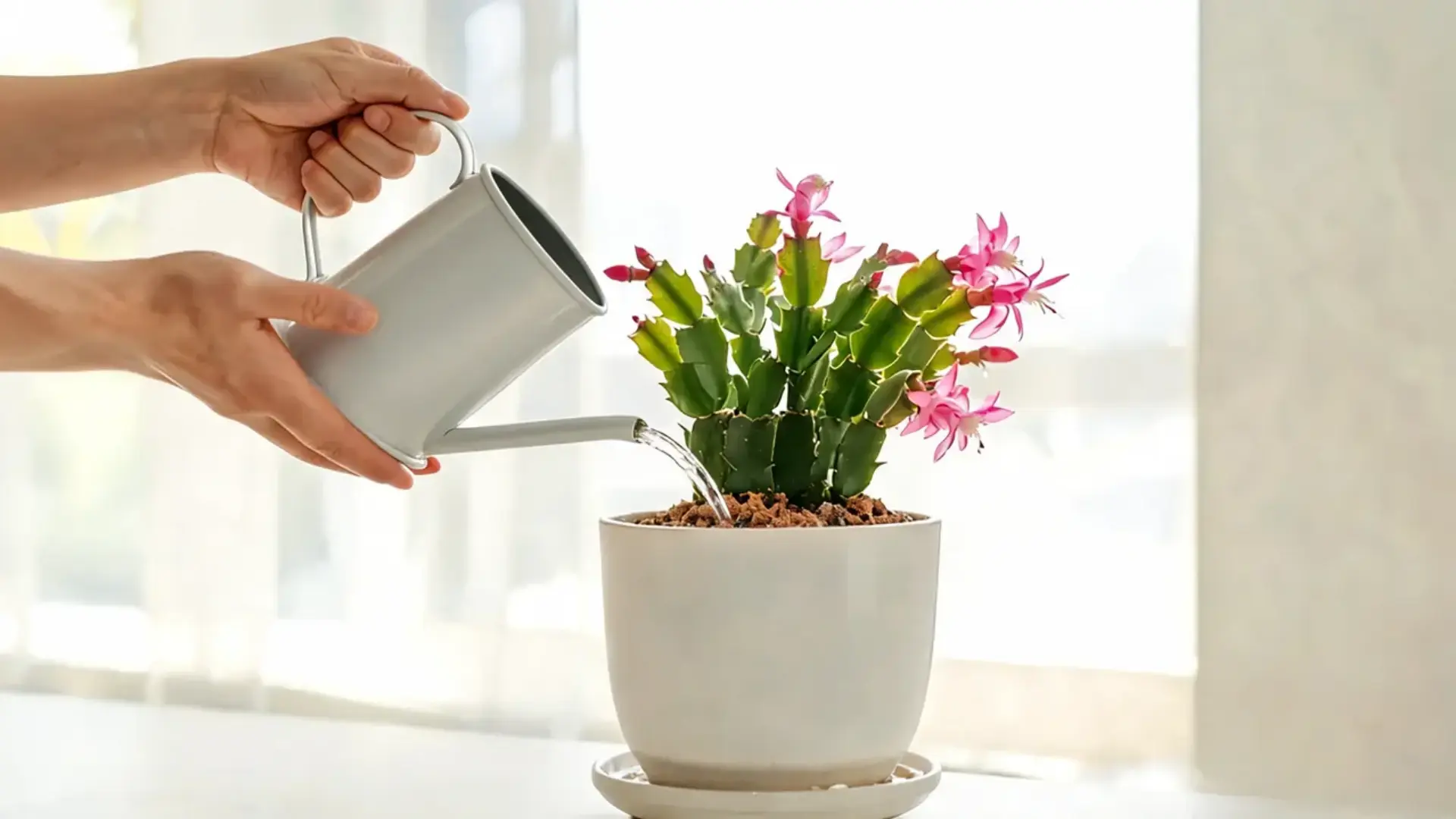 hands watering a flowering easter cactus in a white pot beside a bright window with soft daylight