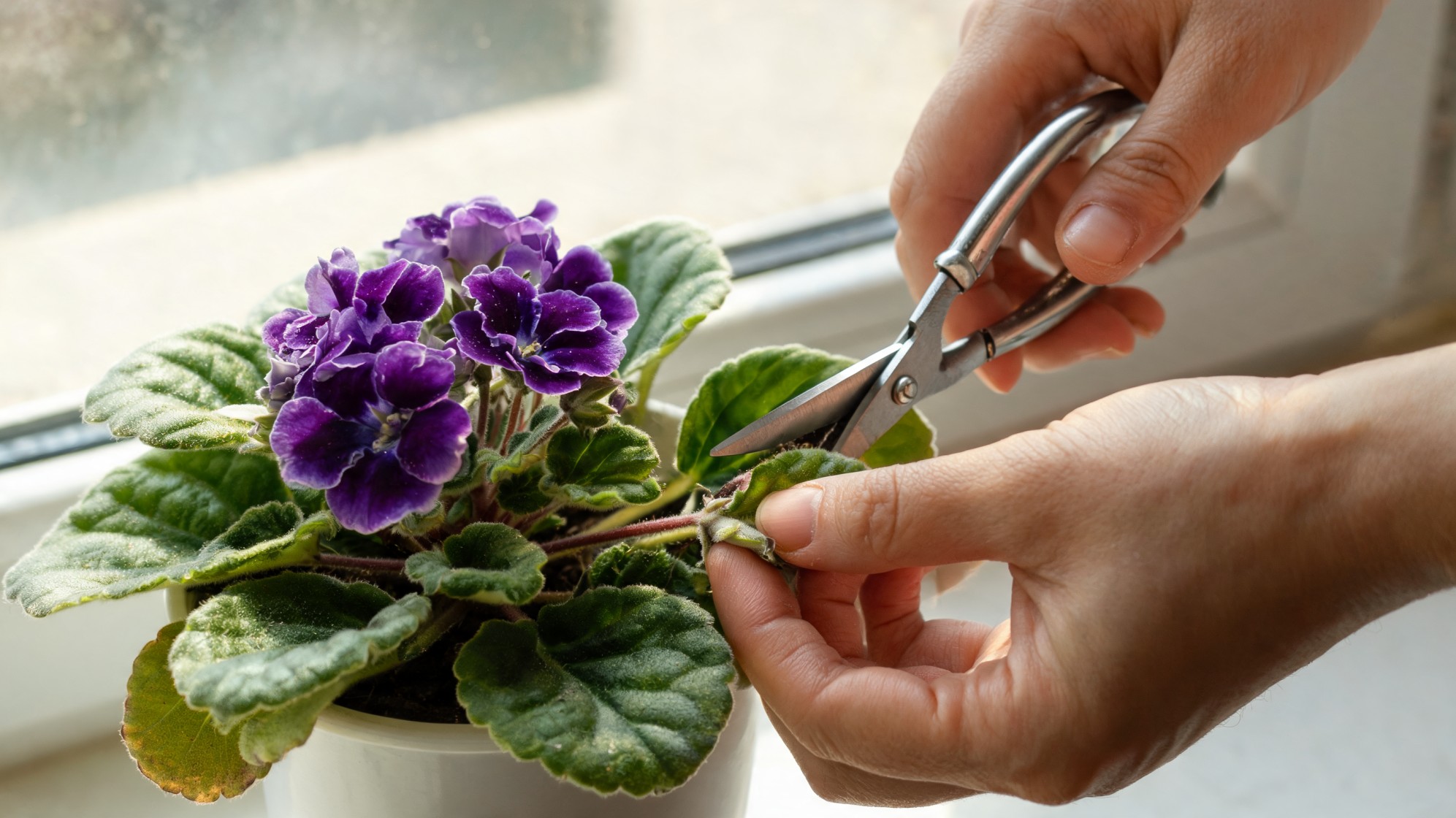 african violet care hands pruning purple blooms and fuzzy green leaves on a bright indoor windowsill with scissors