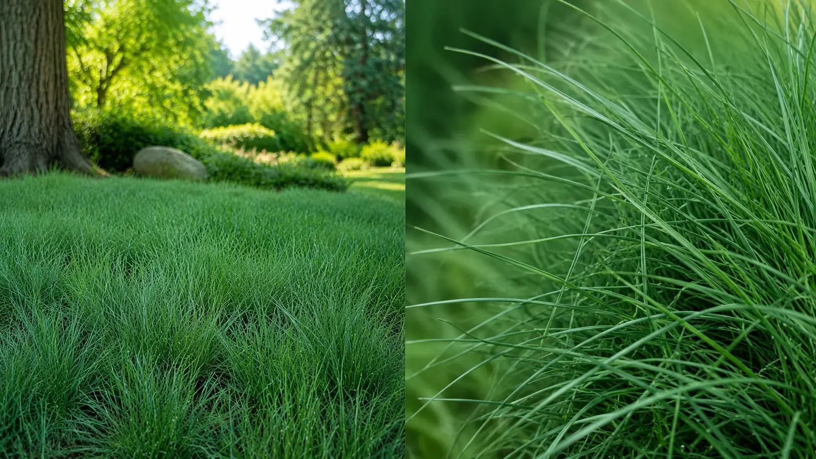 side by side views of a hard fescue lawn and close up showing fine narrow green blades and dense texture