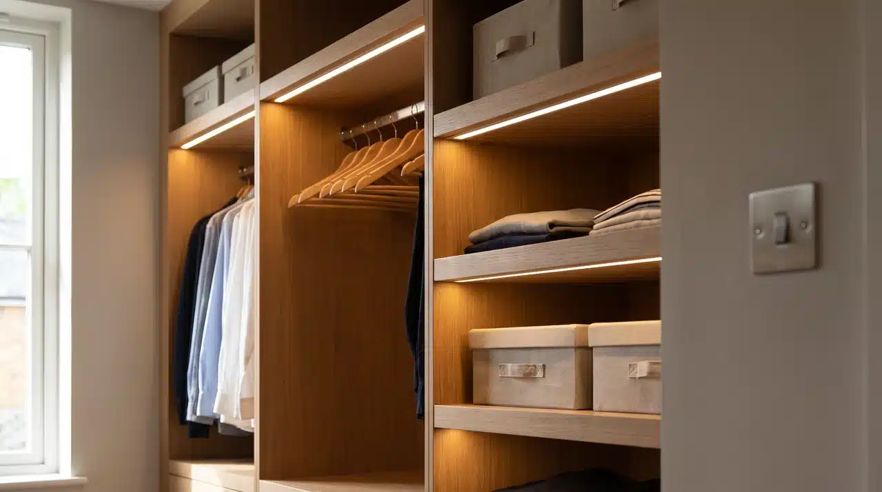 built in wardrobe with hardwired led strip lights beneath shelves and hanging sections