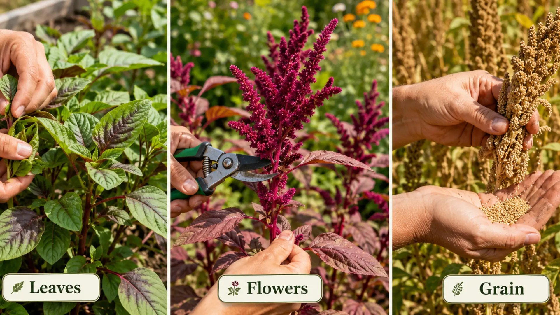 hands harvest amaranth leaves cut red flowers and collect mature grain seeds from dried seed heads