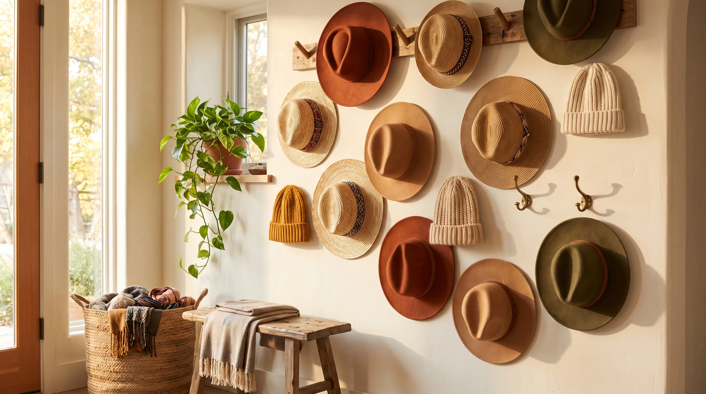 a collection of hats hung together in an even spaced arrangement across one large open wall