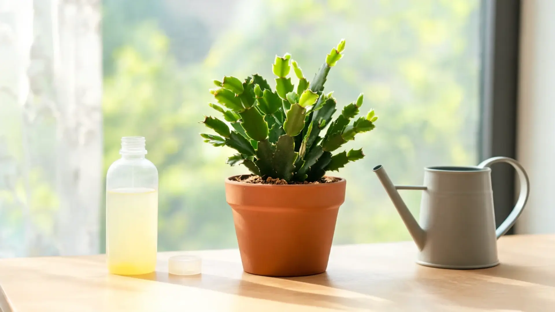 healthy easter cactus in a clay pot beside liquid fertilizer and a small watering can on a table