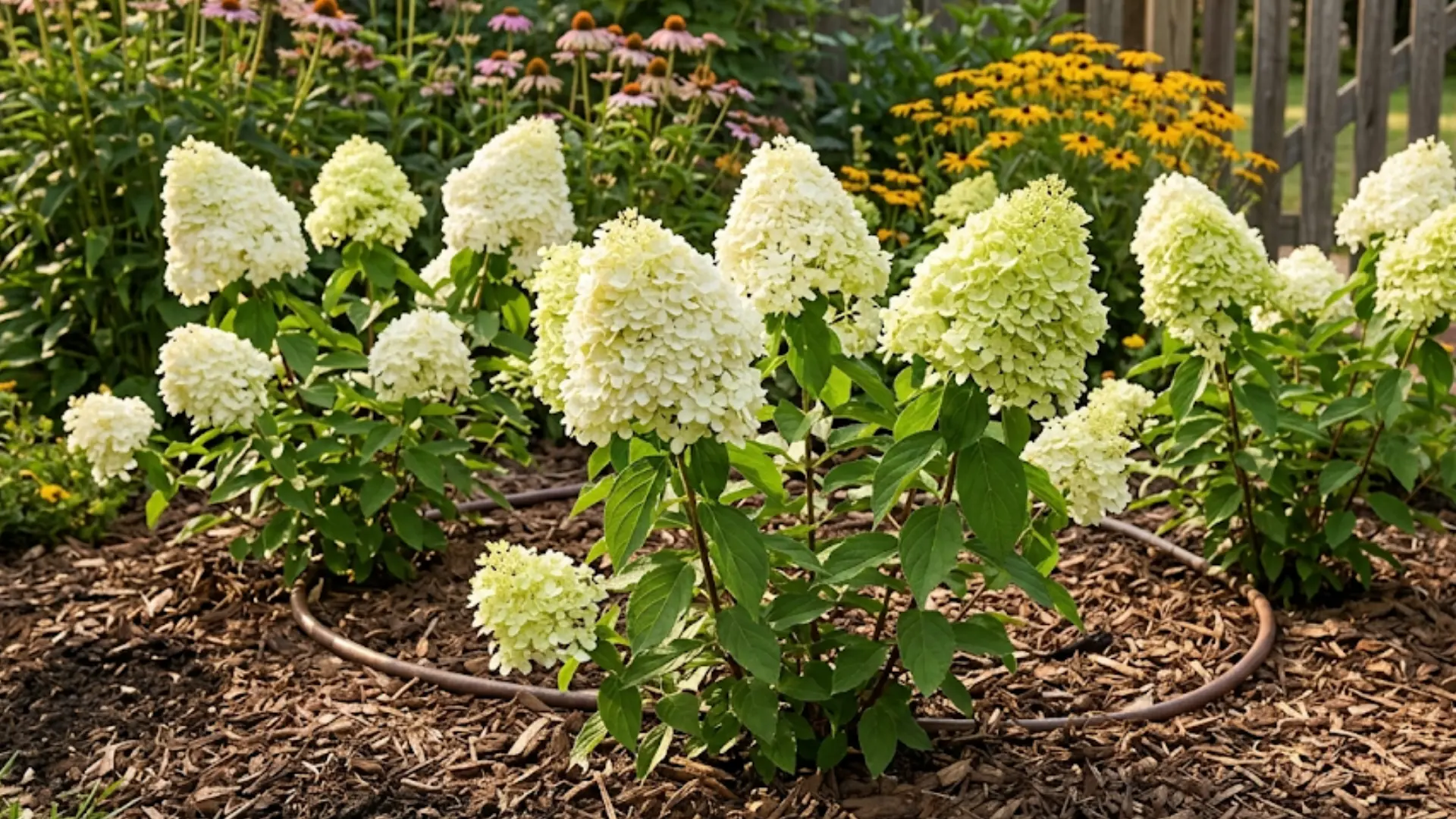 healthy panicle hydrangeas, with pale-green, conical blooms, are shown thriving in a well-mulched, drip-irrigated garden under full sun
