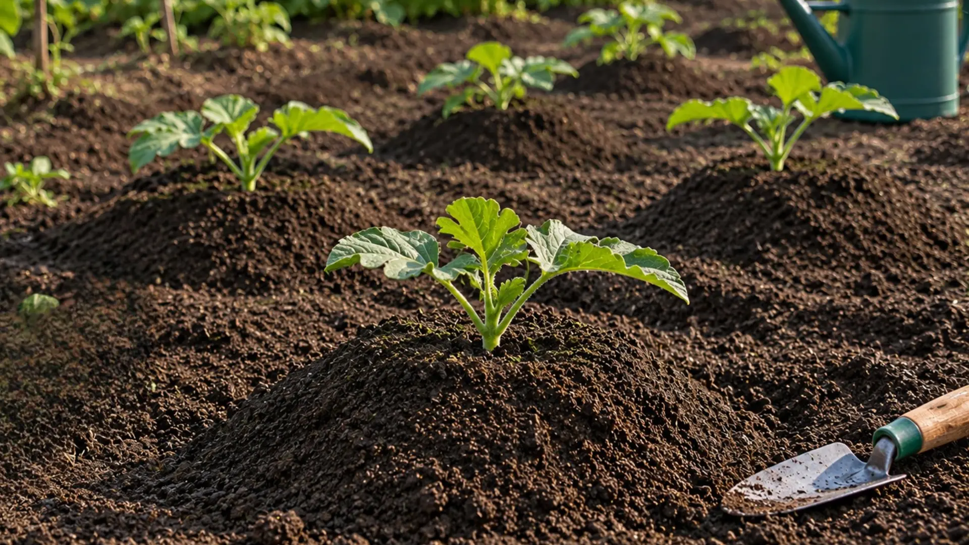 healthy watermelon seedlings growing in mulched mounds with drip irrigation for regular garden care
