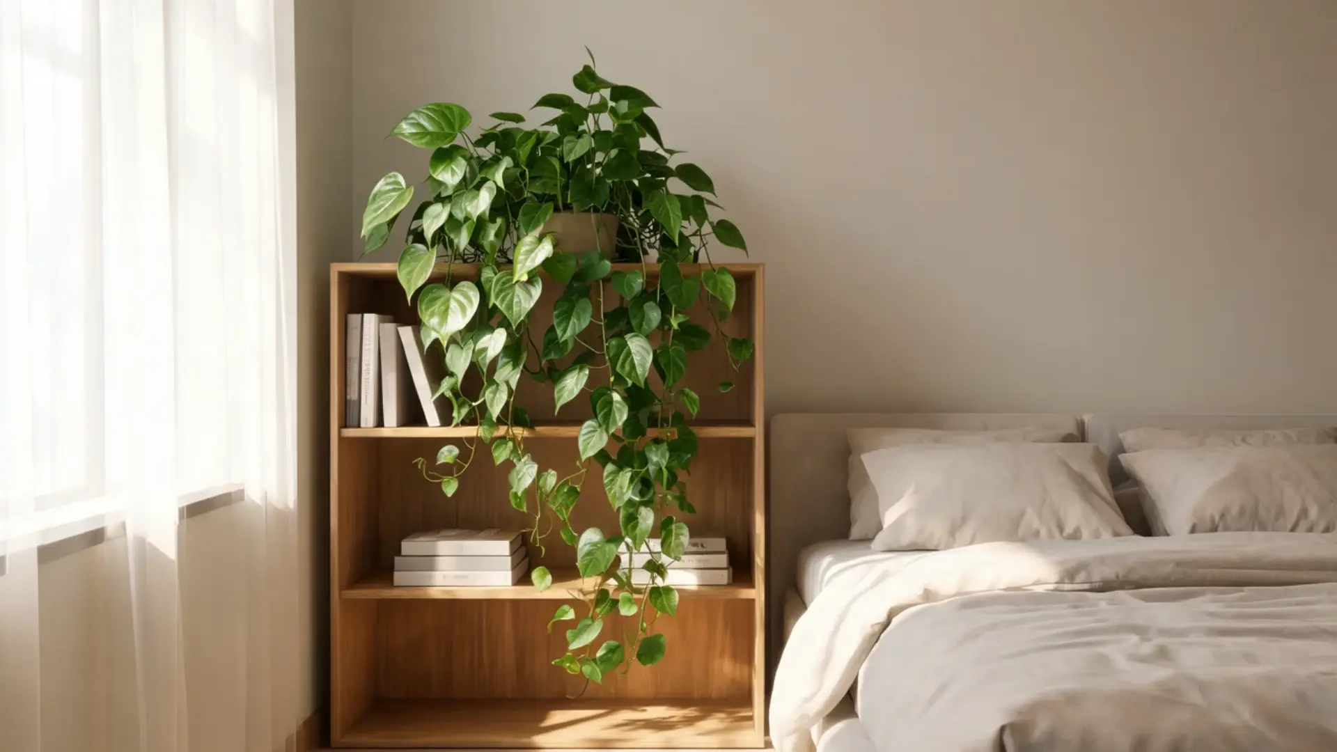 heartleaf philodendron trailing from a wooden bookshelf beside a softly lit neutral bedroom