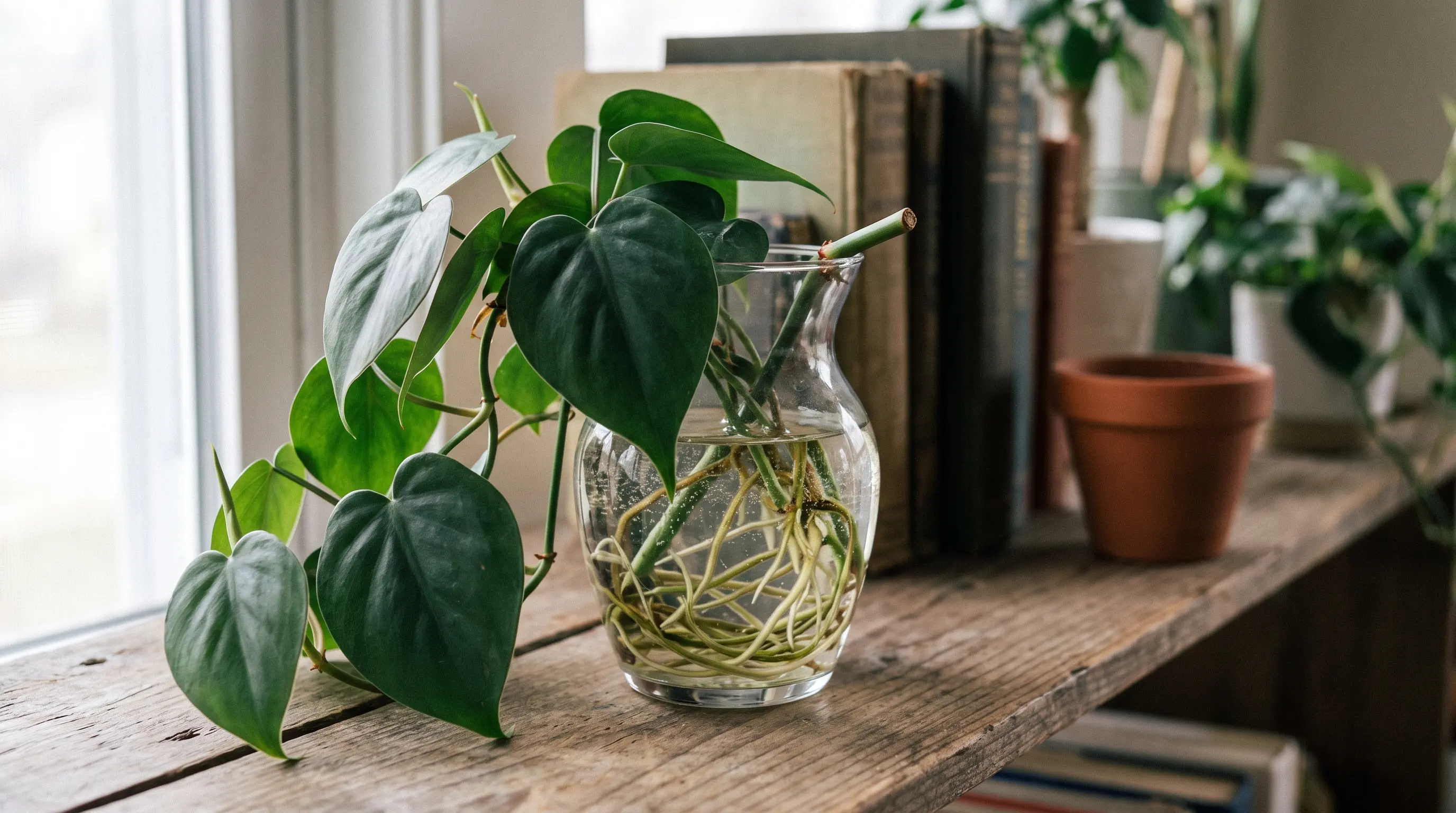 heartleaf philodendron vines with dark green leaves rooted in water on a rustic wooden shelf