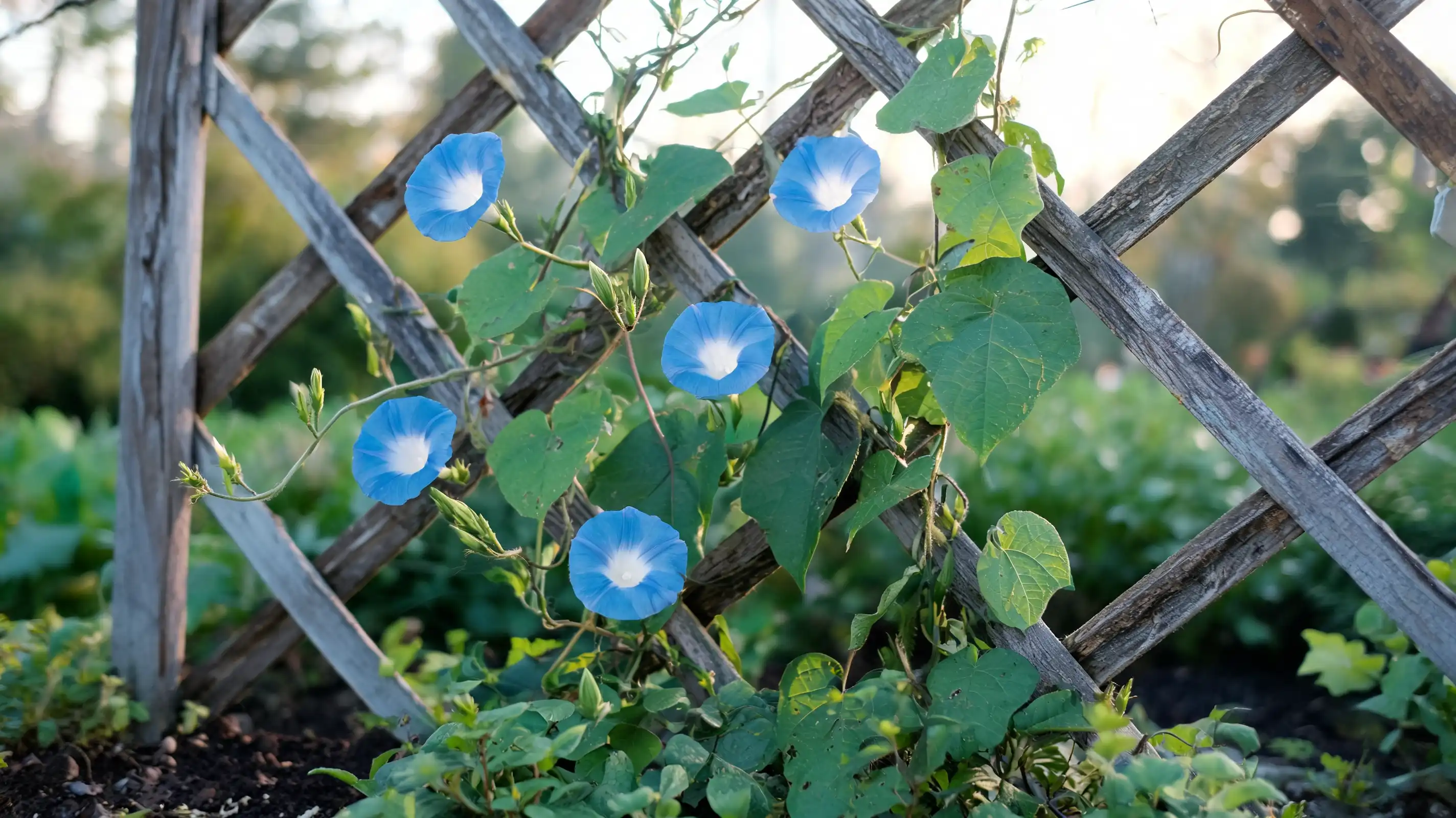 heavenly blue morning glory flowers with white centers growing on a weathered garden trellis