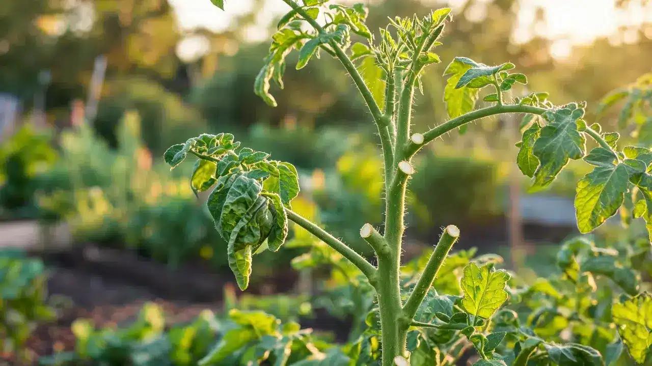 heavily pruned tomato plant with curled remaining leaves and visible fresh pruning cuts