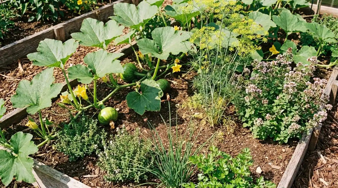 pumpkin plants growing beside herbs in a sunny garden bed with healthy green leaves and flowers