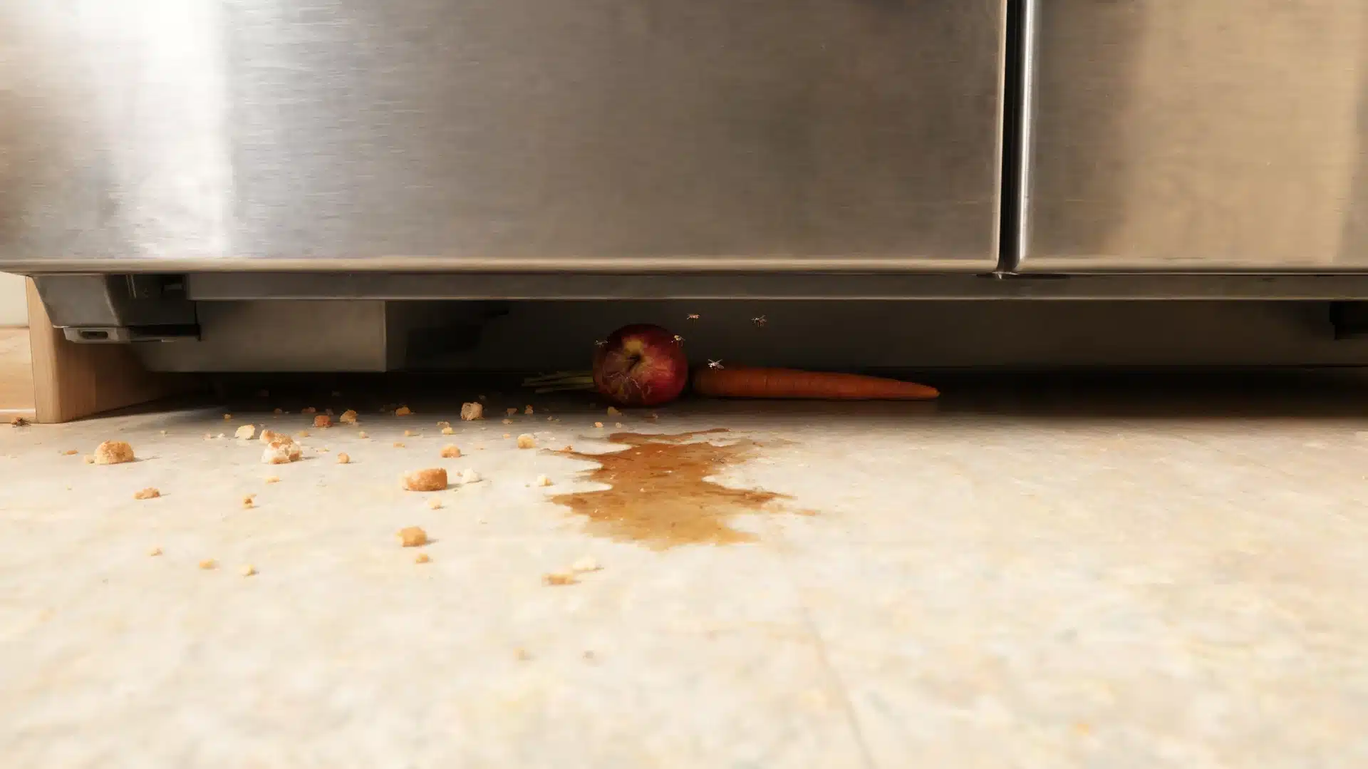 hidden spills and old produce under a refrigerator show where do fruit flies come from in a kitchen