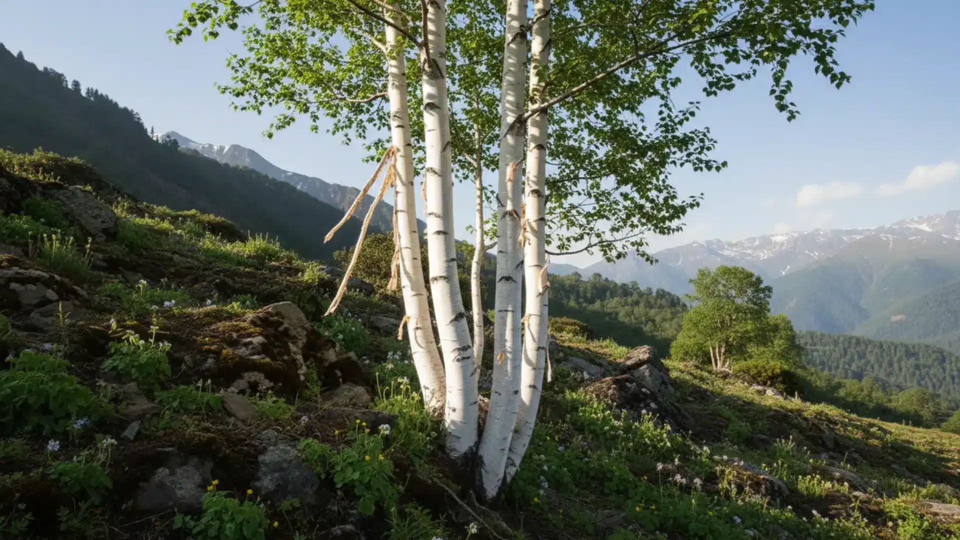 bright white himalayan birch trunks rise from a rocky mountain slope with green shrubs and distant peaks
