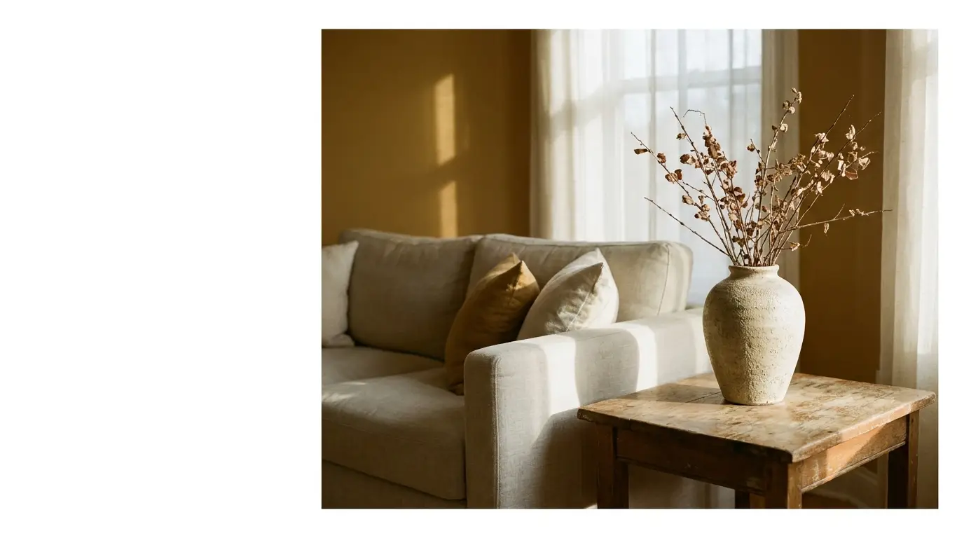 Beige sofa with pillows beside wooden table and ceramic vase in sunlit living room
