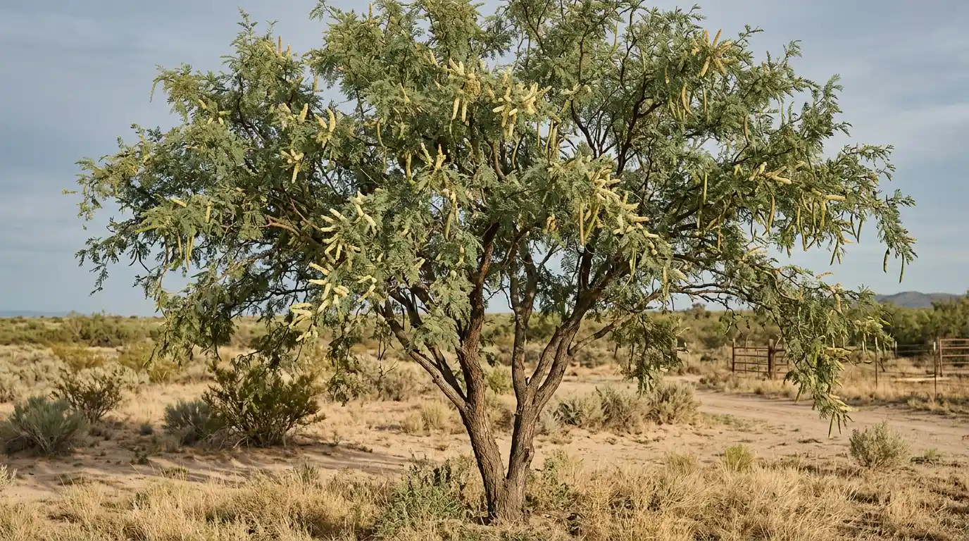 honey mesquite with pale flower spikes and long pods growing in open dry scrubland with distant hills