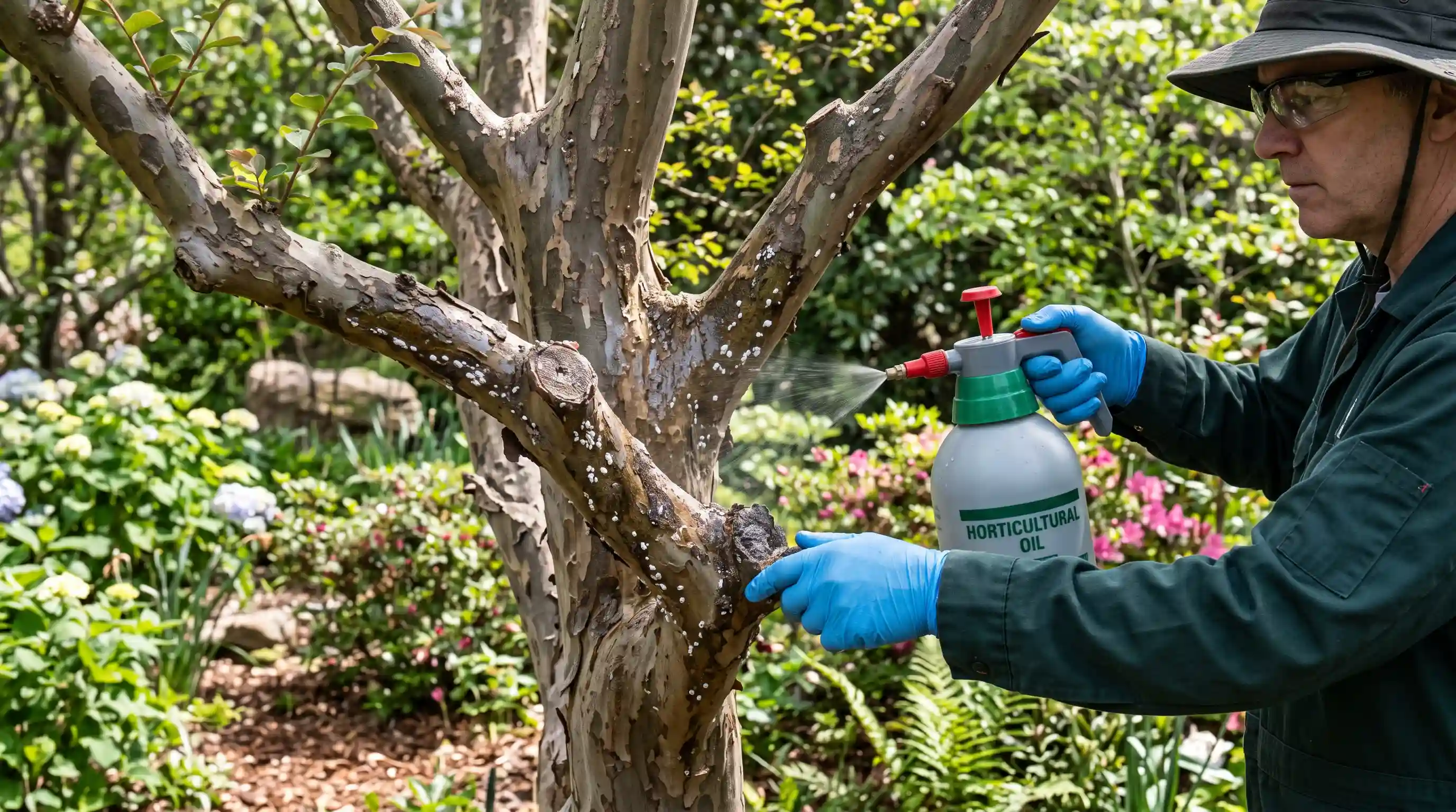 gardener applying horticultural oil to scale insects across a crepe myrtle trunk and lower branches