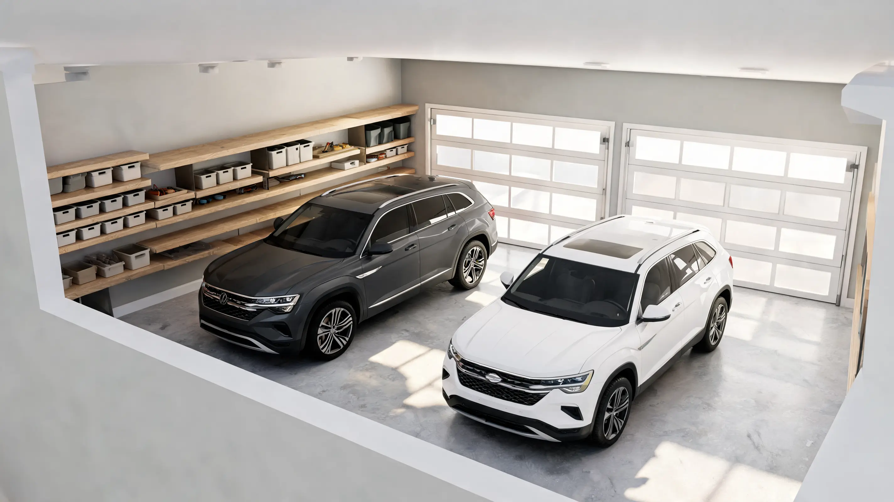 overhead view of two suvs parked inside a bright two car garage with wall shelves and separate doors