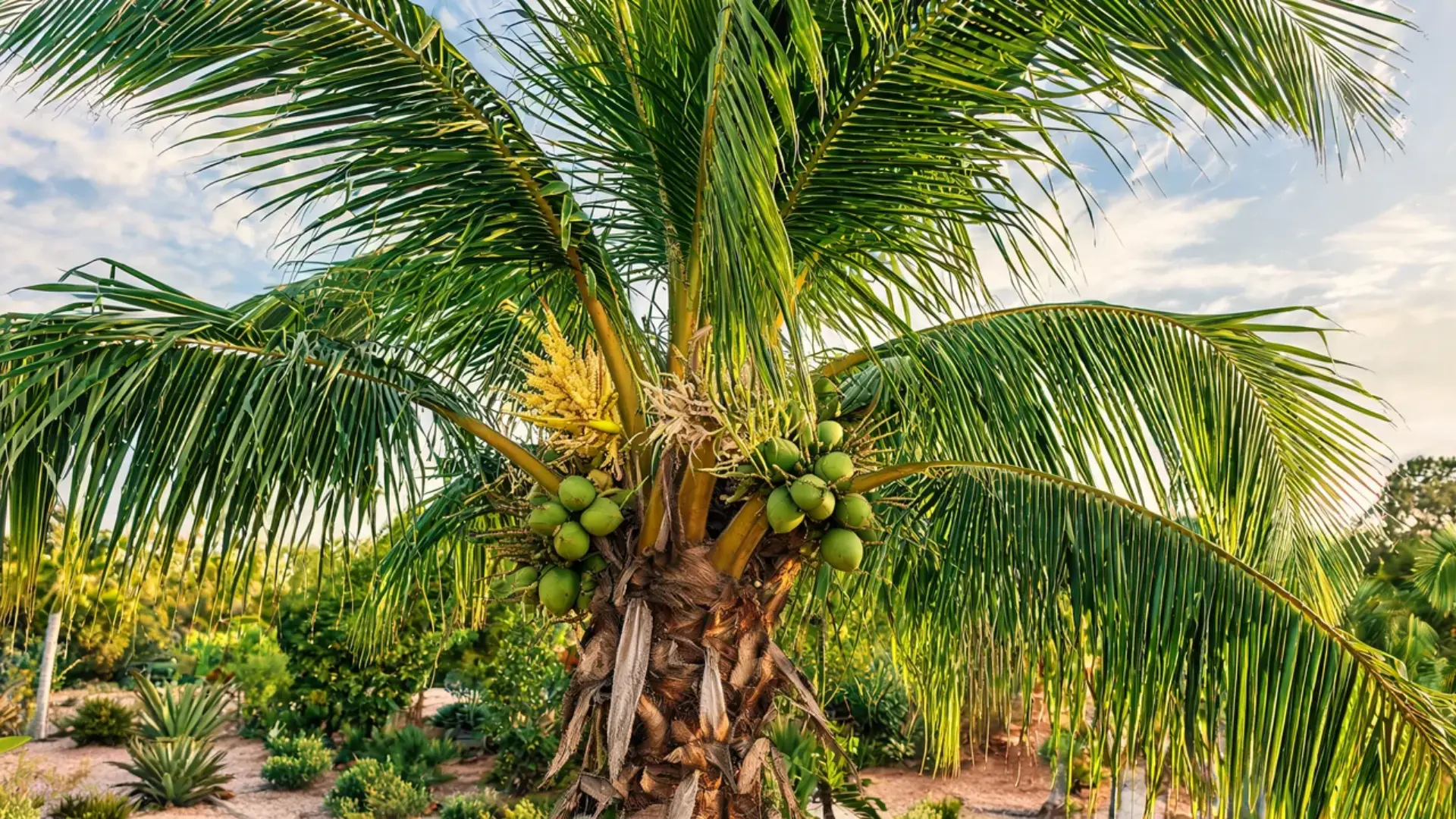 small developing coconuts clustered near the crown of a coconut palm beneath its arching fronds