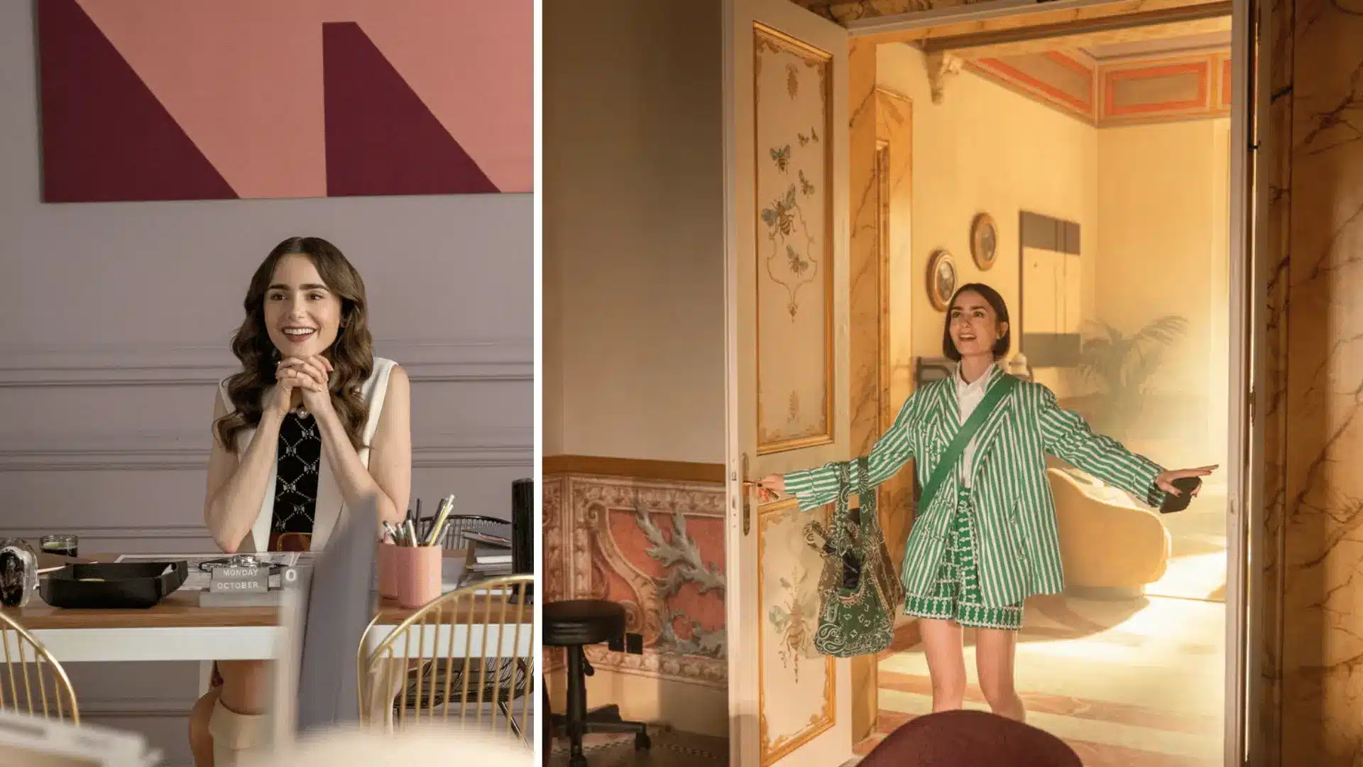 emily in paris split scene, color drenched pink office wall next to a warm ornate parisian doorway