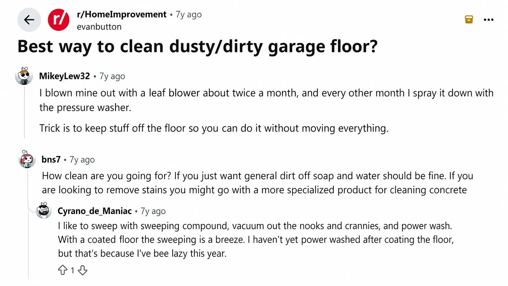 reddit discussion about the best ways to clean a dusty or dirty garage floor