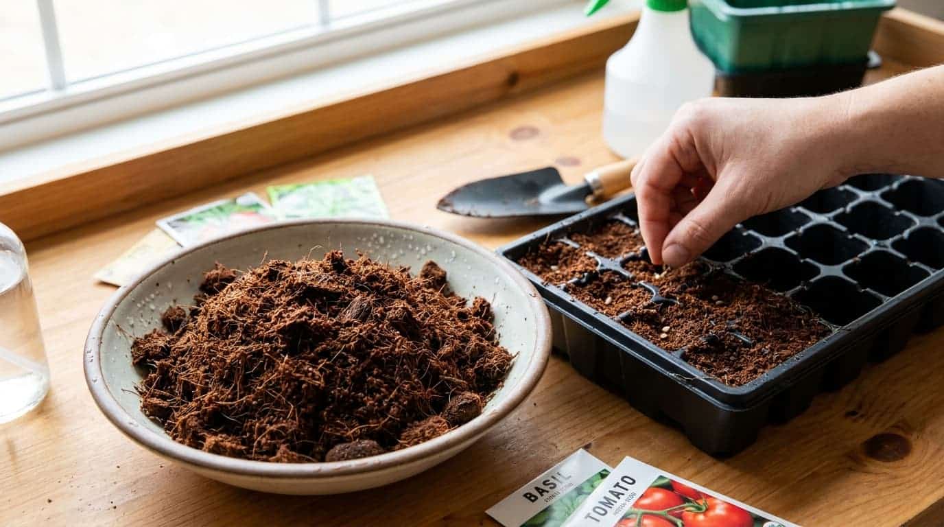 seeds being planted in moist coco coir trays for clean indoor germination