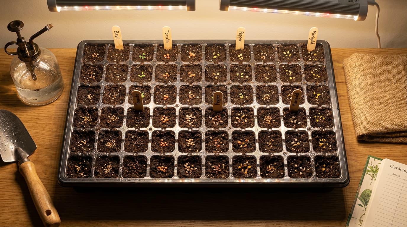 seed tray with planted seeds labels and spray bottle for controlled indoor germination