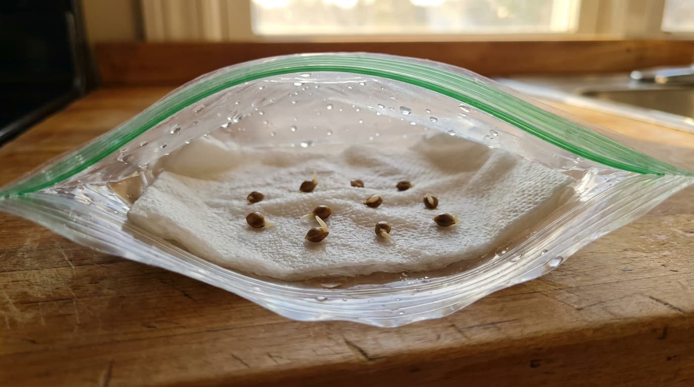seeds sprouting on a damp paper towel inside a clear bag for germination testing