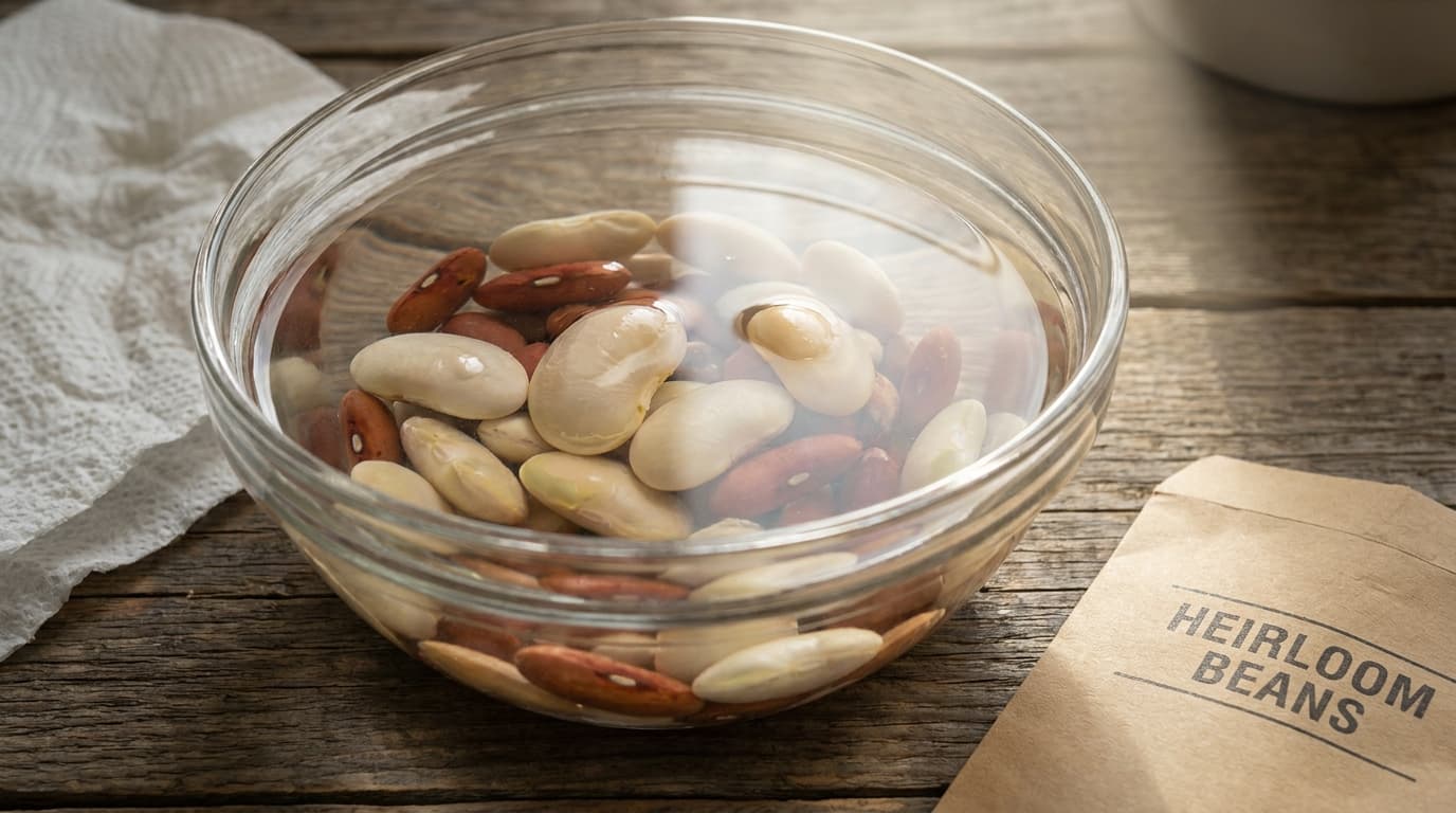 large seeds soaking in a clear bowl of water before planting in soil