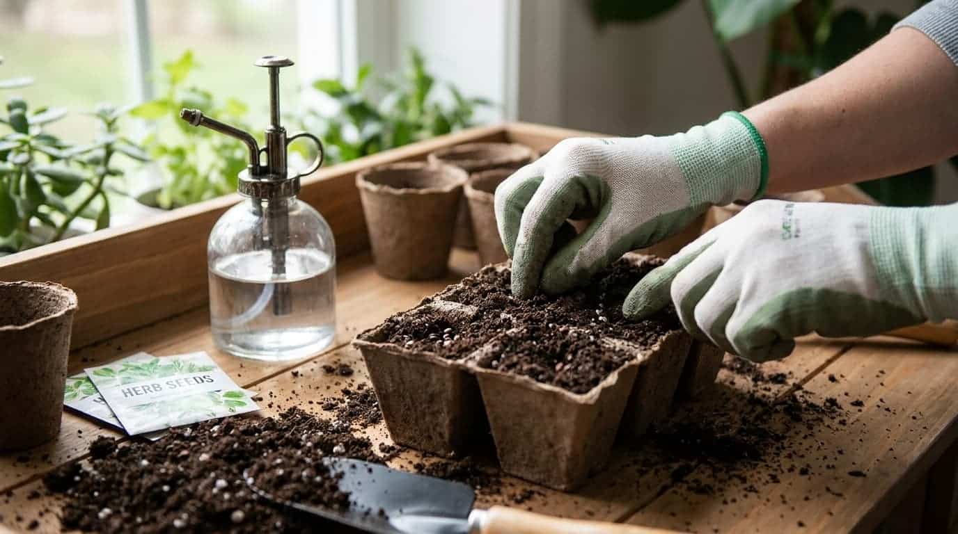 hands planting seeds into moist seed starting mix in small pots for direct soil germination