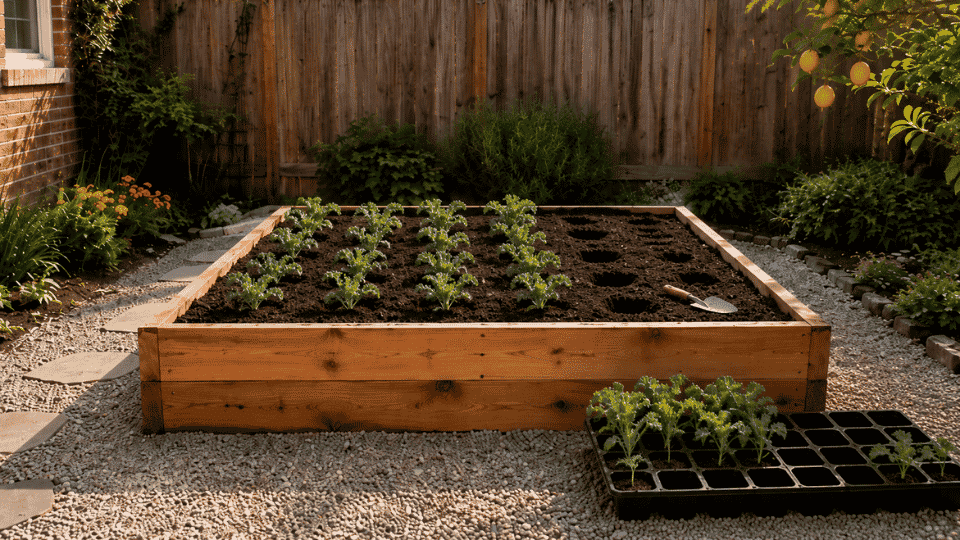 how to grow kale at home shows kale seedlings planted carefully at the correct soil depth in the bed