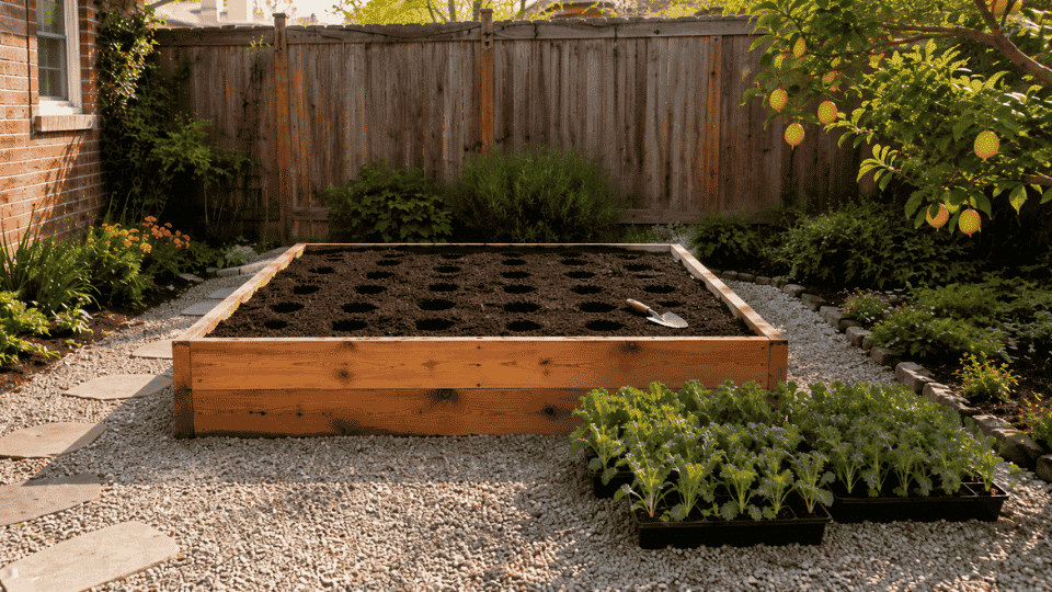 how to grow kale at home shows planting holes spaced evenly in the same prepared bed before planting