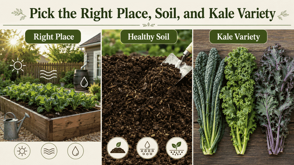 how to grow kale at home infographic shows the right garden place healthy soil and kale variety