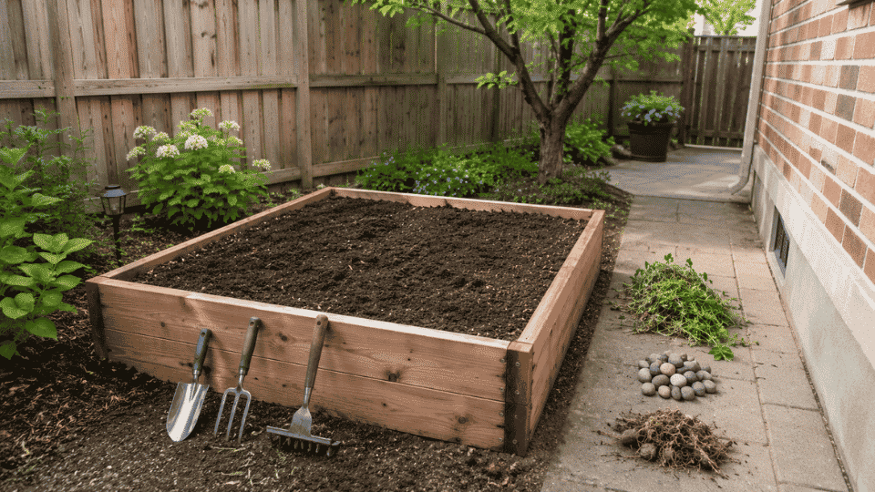 how to grow spinach in a home garden starts with loose soil, tools, and a level raised bed